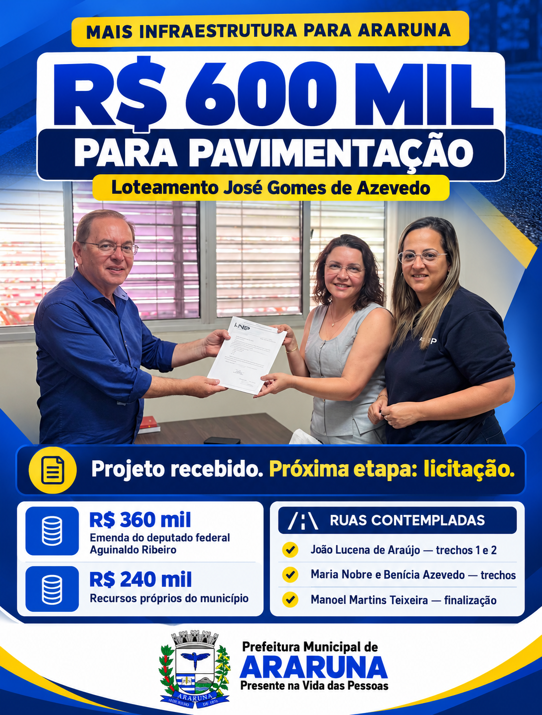 Prefeitura de Araruna avança com projeto de pavimentação de ruas do Loteamento José Gomes de Azevedo