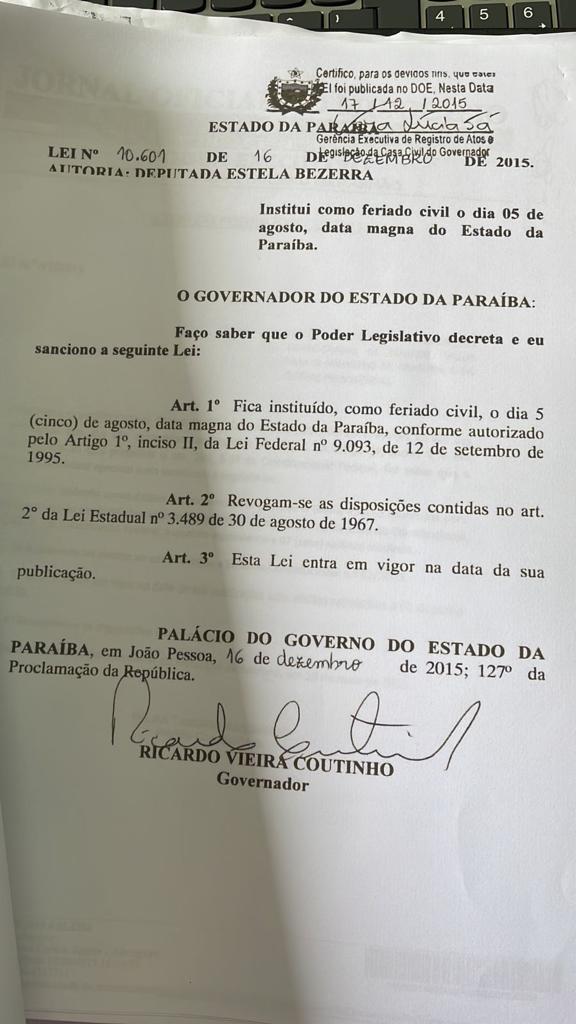 É FERIADO! Dia 5 de agosto é feriado oficialmente em todo estado da  Paraíba, segundo Lei estadual - Diário do Sertão